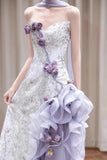Purple Mermaid Strapless Satin Tulle Long Prom Dress Applique Evening Gown HZ1024