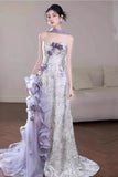 Purple Mermaid Strapless Satin Tulle Long Prom Dress Applique Evening Gown HZ1024