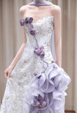Purple Mermaid Strapless Satin Tulle Long Prom Dress Applique Evening Gown HZ1024