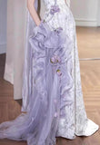 Purple Mermaid Strapless Satin Tulle Long Prom Dress Applique Evening Gown HZ1024