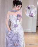 Purple Mermaid Strapless Satin Tulle Long Prom Dress Applique Evening Gown HZ1024