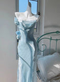 Blue Bodycon Dress Spaghetti Strap Chiffon Long Prom Dress Graduation Prom Dress HZ1024