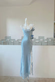 Blue Bodycon Dress Spaghetti Strap Chiffon Long Prom Dress Graduation Prom Dress HZ1024