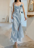 Blue Bodycon Dress Spaghetti Strap Chiffon Long Prom Dress Graduation Prom Dress HZ1024