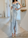 Blue Bodycon Dress Spaghetti Strap Chiffon Long Prom Dress Graduation Prom Dress HZ1024