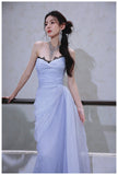 A-Line Strapless Chiffon Pleated Long Prom Dress Chic Lace Graduation Prom Dress HZ1024