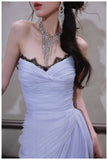 A-Line Strapless Chiffon Pleated Long Prom Dress Chic Lace Graduation Prom Dress HZ1024