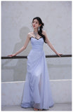 A-Line Strapless Chiffon Pleated Long Prom Dress Chic Lace Graduation Prom Dress HZ1024
