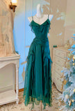 Green A-Line Spaghetti Strap Chiffon Long Prom Dress V-Neck Layered Evening Gown HZ1024