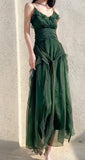 Green A-Line Spaghetti Strap Chiffon Long Prom Dress V-Neck Layered Evening Gown HZ1024