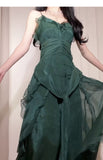 Green A-Line Spaghetti Strap Chiffon Long Prom Dress V-Neck Layered Evening Gown HZ1024