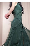 Green A-Line Spaghetti Strap Chiffon Long Prom Dress V-Neck Layered Evening Gown HZ1024