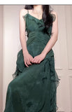 Green A-Line Spaghetti Strap Chiffon Long Prom Dress V-Neck Layered Evening Gown HZ1024