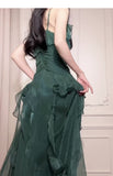 Green A-Line Spaghetti Strap Chiffon Long Prom Dress V-Neck Layered Evening Gown HZ1024