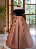 Off Shouder Satin Brown Long Prom Dress, Brown Long Formal Dress HZ1024