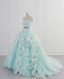 Blue A-Line Strapless Tulle Lace Long Prom Dress Vintage Wedding Dress HZ1024