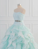 Blue A-Line Strapless Tulle Lace Long Prom Dress Vintage Wedding Dress HZ1024