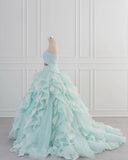 Blue A-Line Strapless Tulle Lace Long Prom Dress Vintage Wedding Dress HZ1024