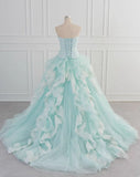 Blue A-Line Strapless Tulle Lace Long Prom Dress Vintage Wedding Dress HZ1024
