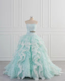 Blue A-Line Strapless Tulle Lace Long Prom Dress Vintage Wedding Dress HZ1024
