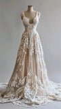 Vintage A-Line Spaghetti Strap Lace Tulle Long Prom Dress Wedding Dress HZ1024
