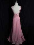 Pink Retro Mermaid V-neck Chiffon Beaded Long Prom Dress Sweet Applique Birthday Dress HZ1024