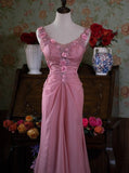 Pink Retro Mermaid V-neck Chiffon Beaded Long Prom Dress Sweet Applique Birthday Dress HZ1024
