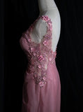 Pink Retro Mermaid V-neck Chiffon Beaded Long Prom Dress Sweet Applique Birthday Dress HZ1024