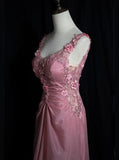 Pink Retro Mermaid V-neck Chiffon Beaded Long Prom Dress Sweet Applique Birthday Dress HZ1024