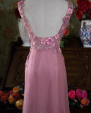 Pink Retro Mermaid V-neck Chiffon Beaded Long Prom Dress Sweet Applique Birthday Dress HZ1024