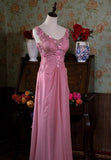 Pink Retro Mermaid V-neck Chiffon Beaded Long Prom Dress Sweet Applique Birthday Dress HZ1024