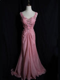 Pink Retro Mermaid V-neck Chiffon Beaded Long Prom Dress Sweet Applique Birthday Dress HZ1024