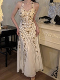 Halter Neck Tulle Beading Vintage Long Prom Dress Birthday Dress HZ1024
