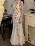 Halter Neck Tulle Beading Vintage Long Prom Dress Birthday Dress HZ1024