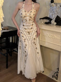 Halter Neck Tulle Beading Vintage Long Prom Dress Birthday Dress HZ1024