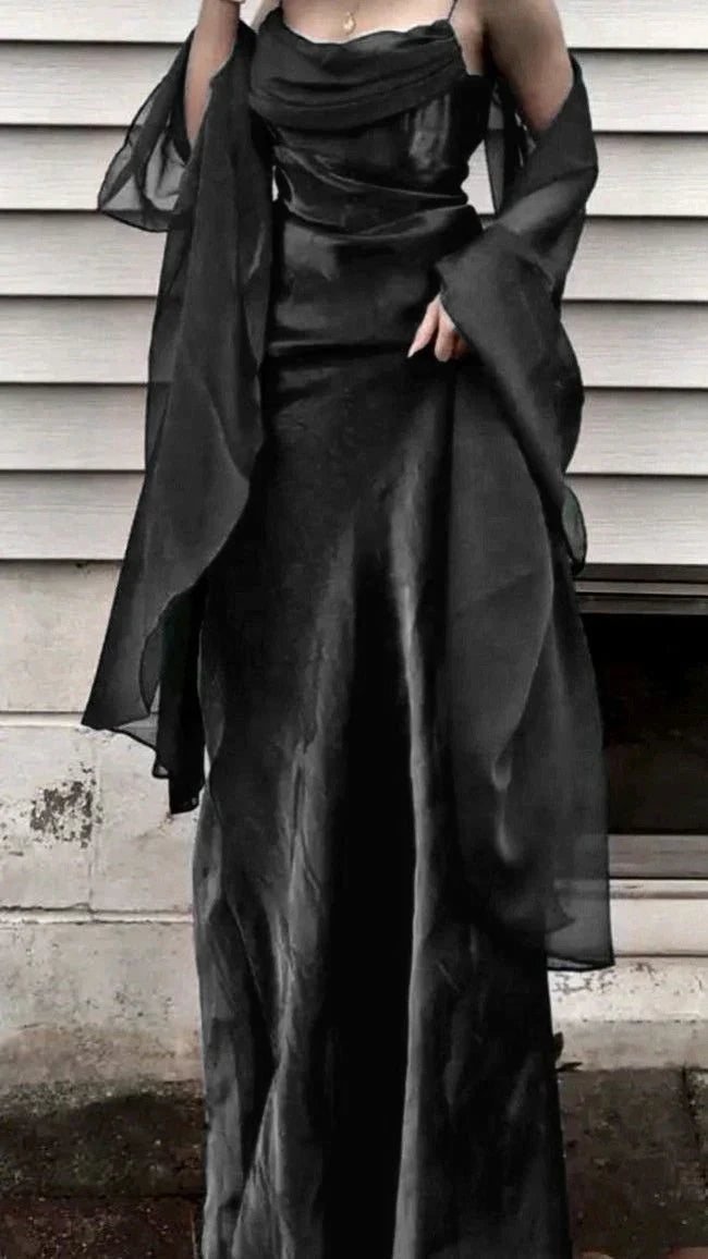 Dark Green Prom Dress Spaghetti Strap Chiffon Evening Gown with Shawl HZ1024