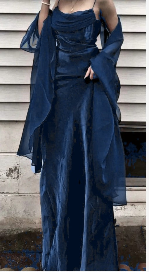 Dark Green Prom Dress Spaghetti Strap Chiffon Evening Gown with Shawl HZ1024