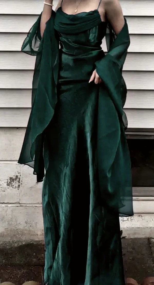 Dark Green Prom Dress Spaghetti Strap Chiffon Evening Gown with Shawl HZ1024