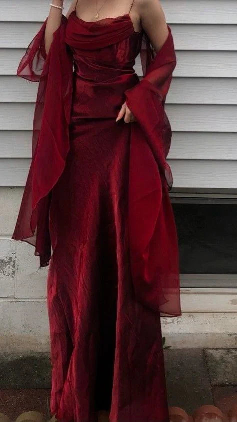 Dark Green Prom Dress Spaghetti Strap Chiffon Evening Gown with Shawl HZ1024