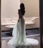 A-Line Sequined Tulle Strapless Long Prom Dress Adult Ceremony Prom Dress HZ1024