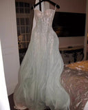 A-Line Sequined Tulle Strapless Long Prom Dress Adult Ceremony Prom Dress HZ1024