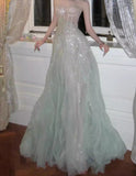 A-Line Sequined Tulle Strapless Long Prom Dress Adult Ceremony Prom Dress HZ1024