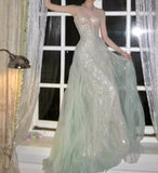 A-Line Sequined Tulle Strapless Long Prom Dress Adult Ceremony Prom Dress HZ1024