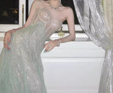 A-Line Sequined Tulle Strapless Long Prom Dress Adult Ceremony Prom Dress HZ1024