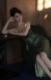 Forest Green Spaghetti Straps Long Prom Dresses Glitter Chiffon Beaded Elegant Party Dresses HZ1024