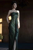 Forest Green Spaghetti Straps Long Prom Dresses Glitter Chiffon Beaded Elegant Party Dresses HZ1024