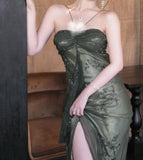 Forest Green Spaghetti Straps Long Prom Dresses Glitter Chiffon Beaded Elegant Party Dresses HZ1024