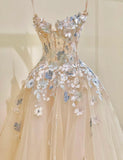 Champagne A-Line Spaghetti Straps Tulle Applique Long Prom Dress Sweet Wedding Dress HZ1024