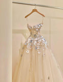 Champagne A-Line Spaghetti Straps Tulle Applique Long Prom Dress Sweet Wedding Dress HZ1024
