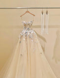 Champagne A-Line Spaghetti Straps Tulle Applique Long Prom Dress Sweet Wedding Dress HZ1024